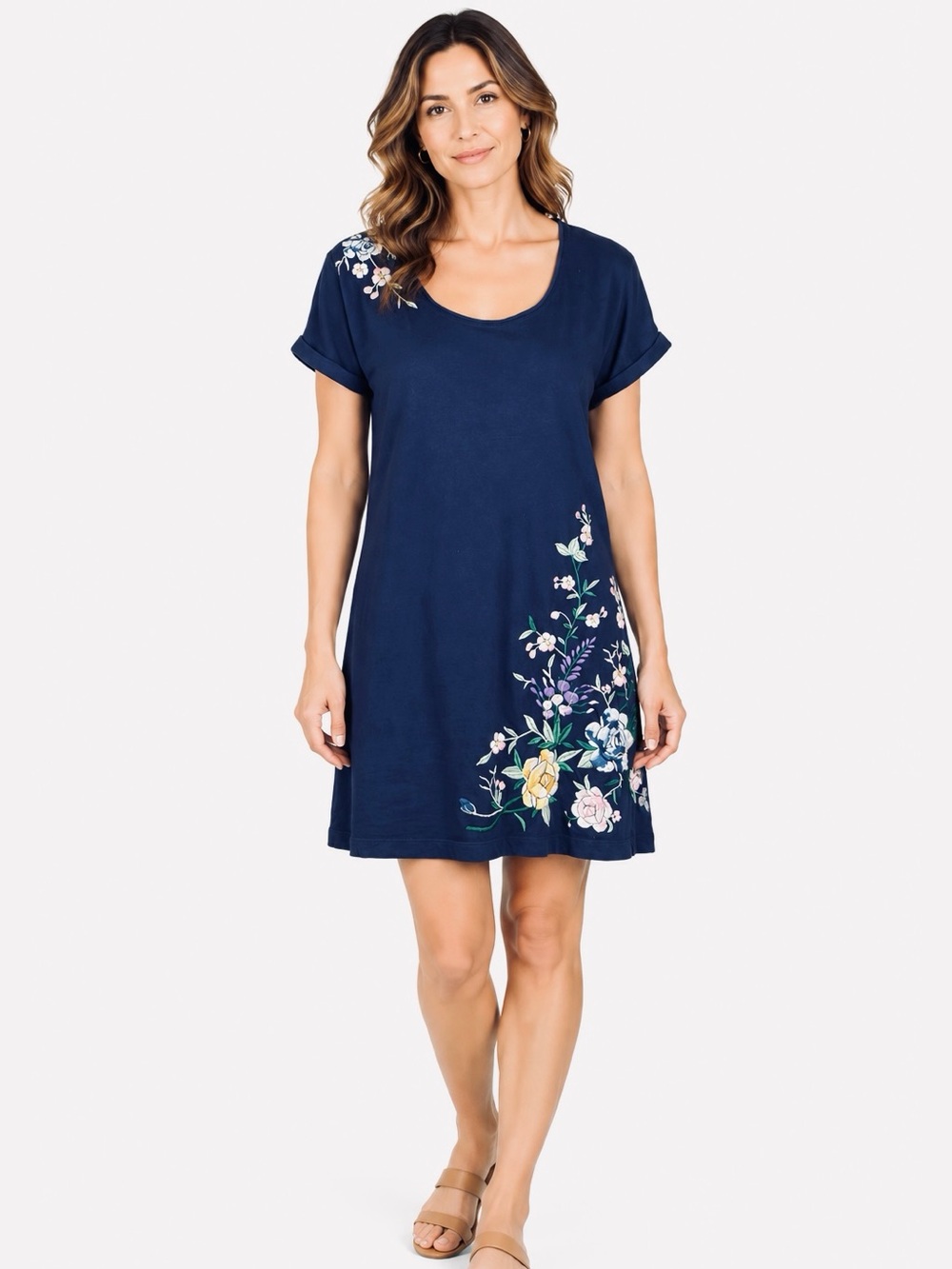 JOHNNY WAS / JW LOS ANGELES Embroidered Floral Scoop-Neck Tunic Dress Small